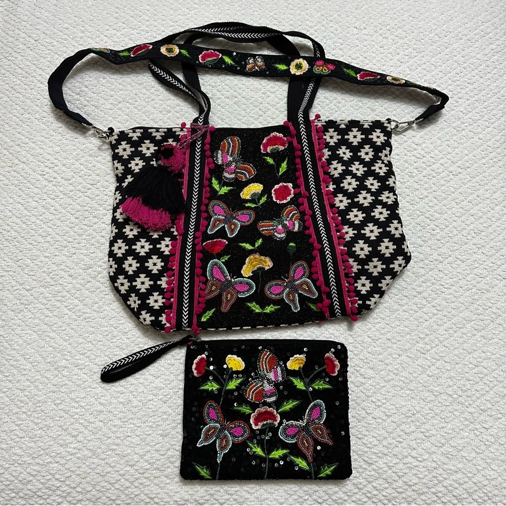 America & Beyond Beaded Purse and Clutch Set Butterflies and Flowers